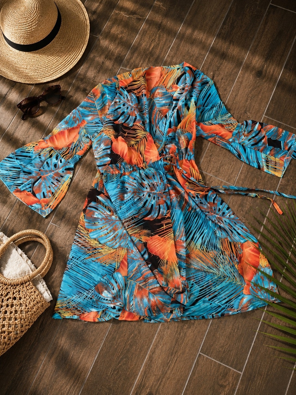 Tropical Wrap Dress - Blue & Orange
